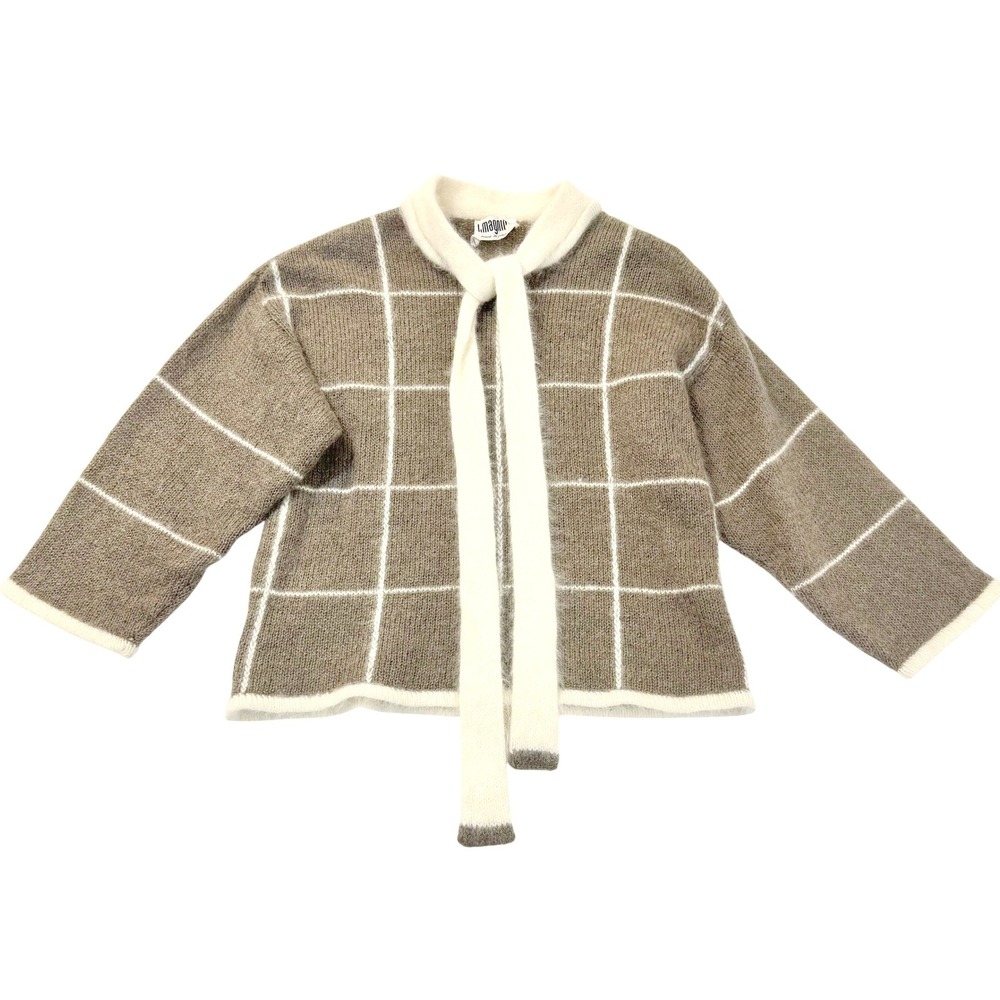 I.‎ Magnin vtg Mohair Angora Blend Cardigan Sweater Brown White Tie Neck Italy